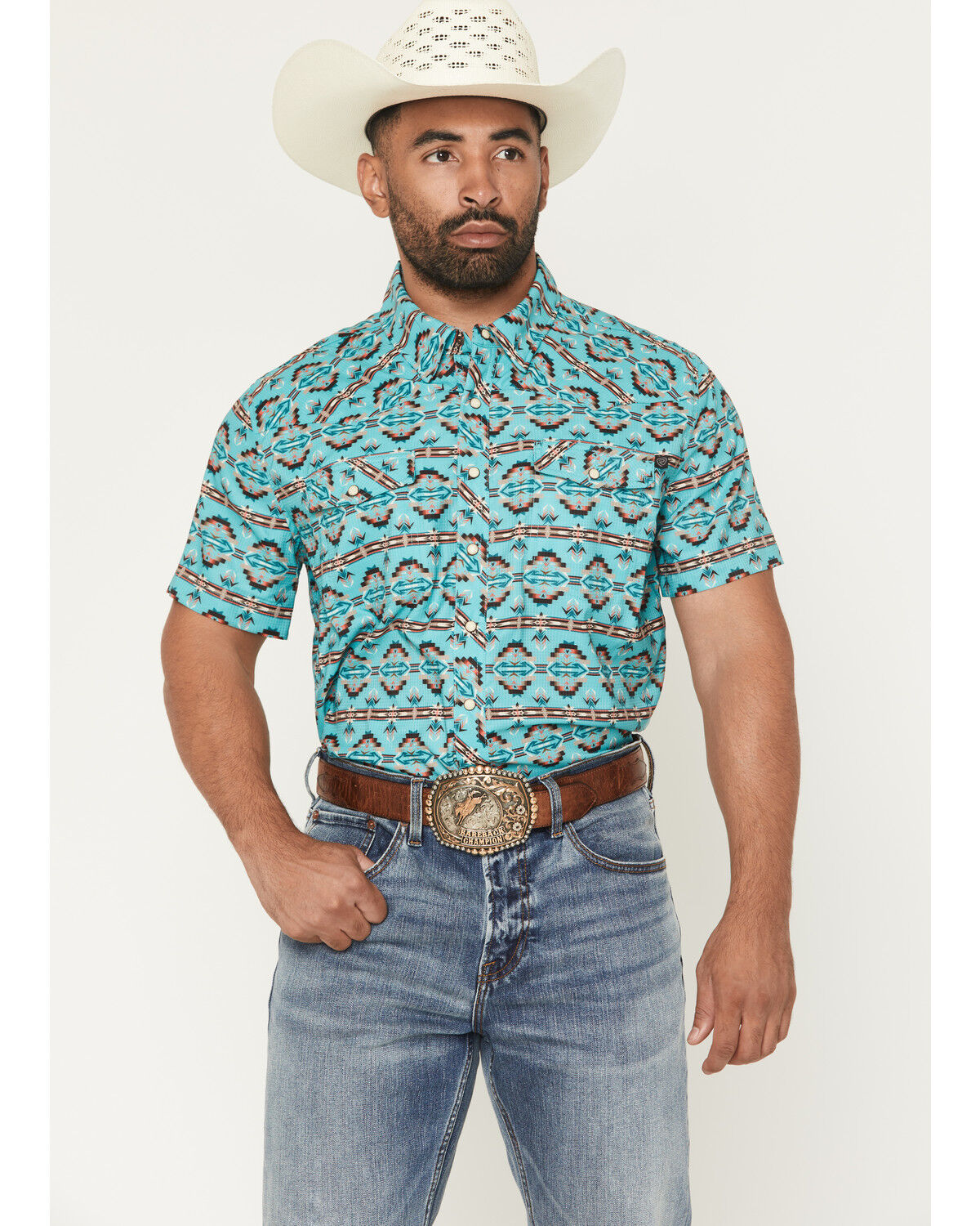 Rock & Roll Denim Men's TEK Southwestern Print Short Sleeve Snap Western Shirt, Turquoise, hi-res