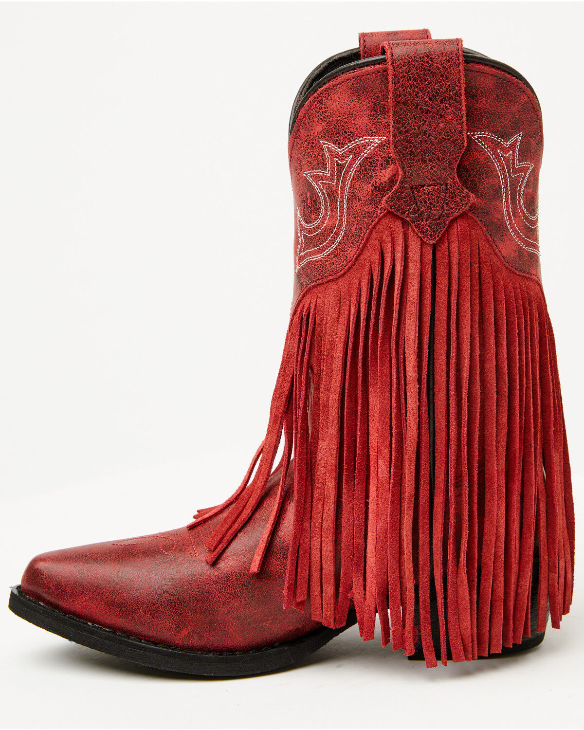 Image #3 - Dan Post Girls' Happy Trails Fringe Western Boots - Snip Toe, Red, hi-res