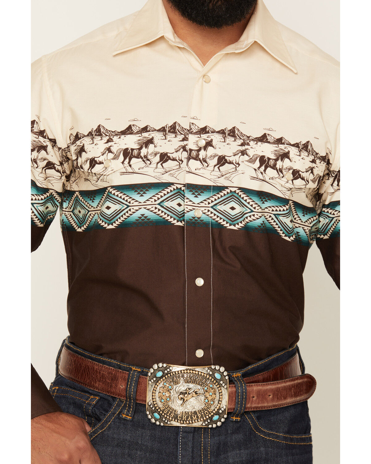 Image #3 - Panhandle Slim Men's Southwestern Horse Border Print Long Sleeve Pearl Snap Western Shirt, Brown, hi-res