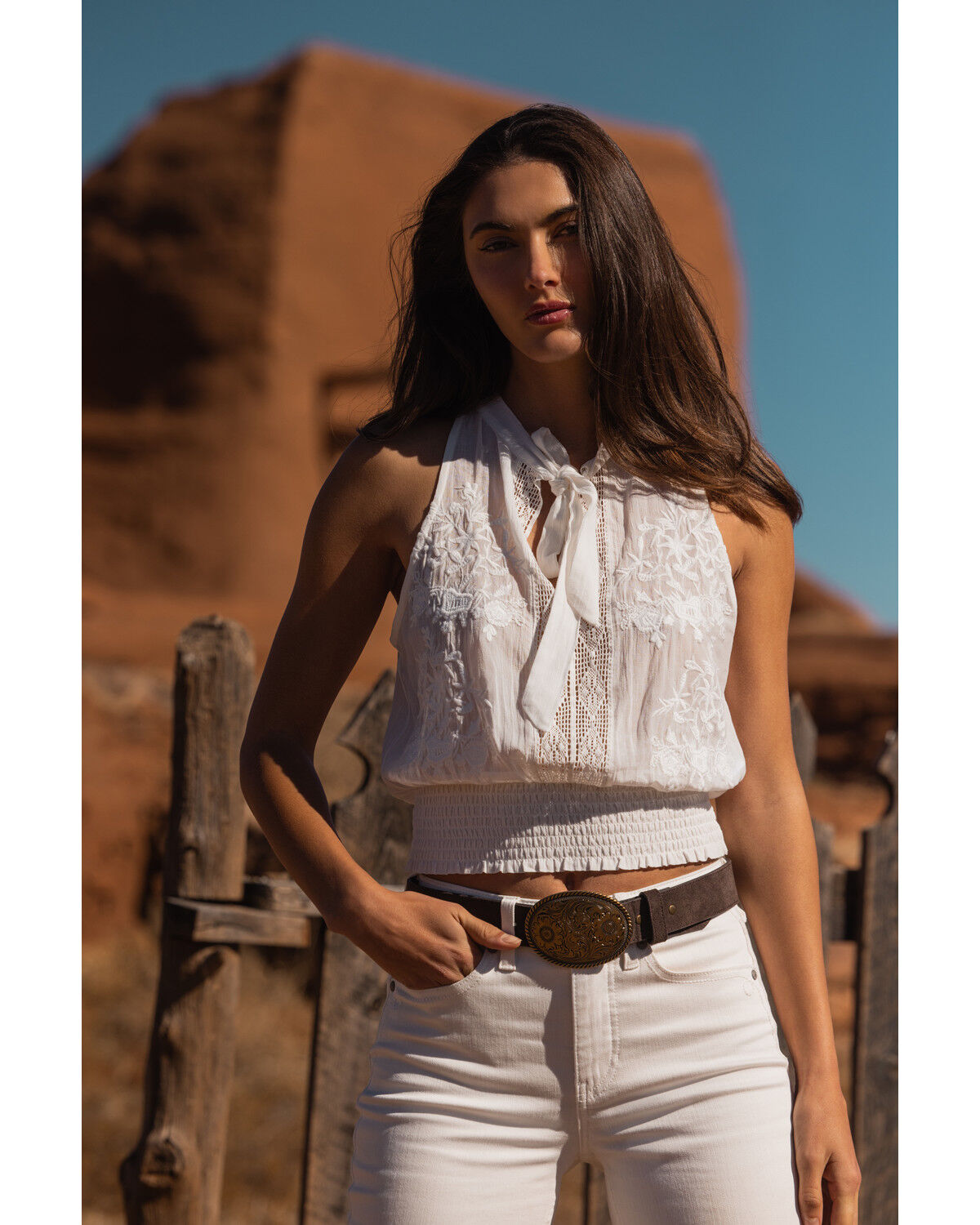 Image #1 - Shyanne Women's Sleeveless Embroidered Halter Top, White, hi-res