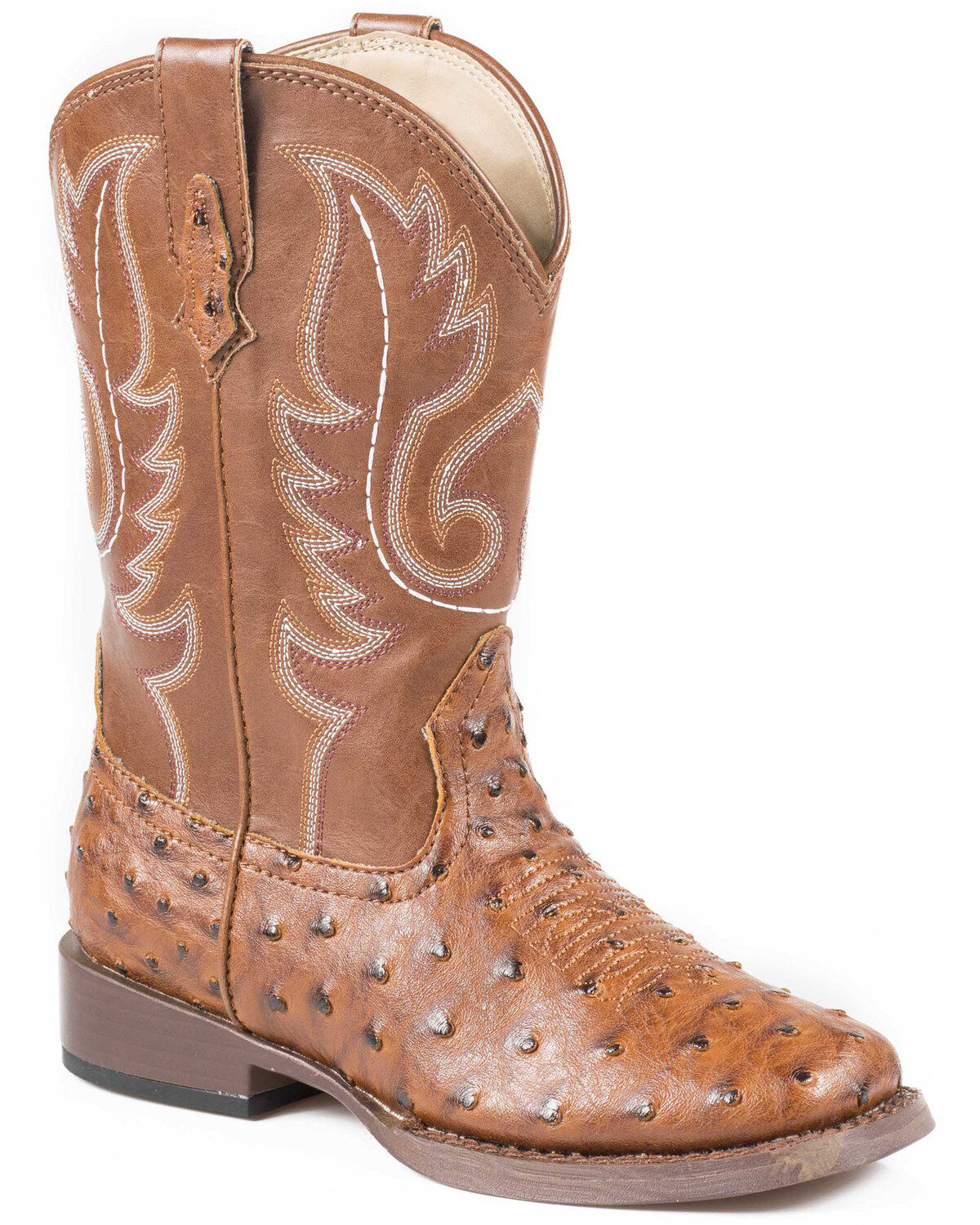 Roper Boys' Ostrich Print Western Boots - Square Toe, Tan, hi-res