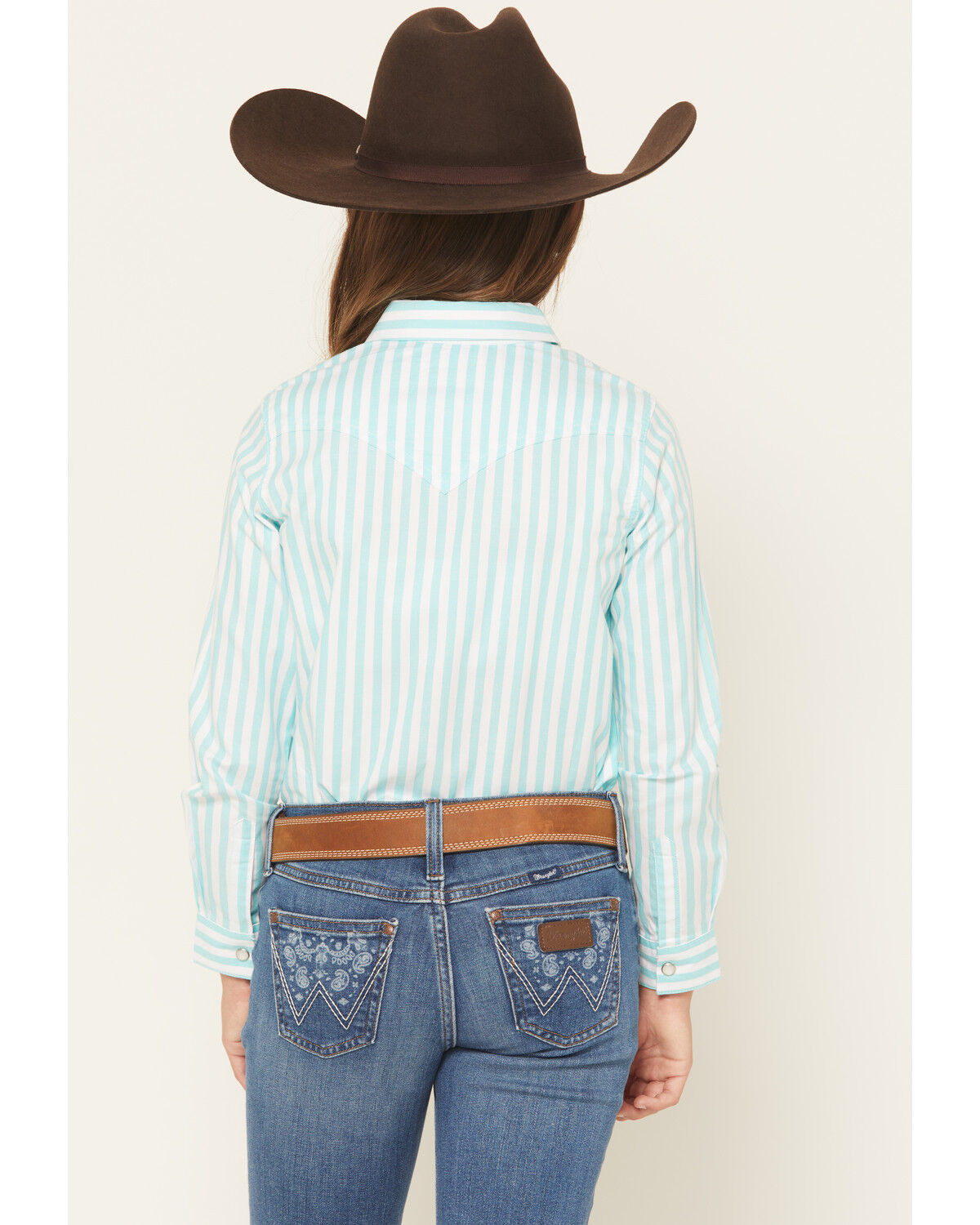 Image #4 - Wrangler Girls' Striped Long Sleeve Pearl Snap Western Shirt, Teal, hi-res