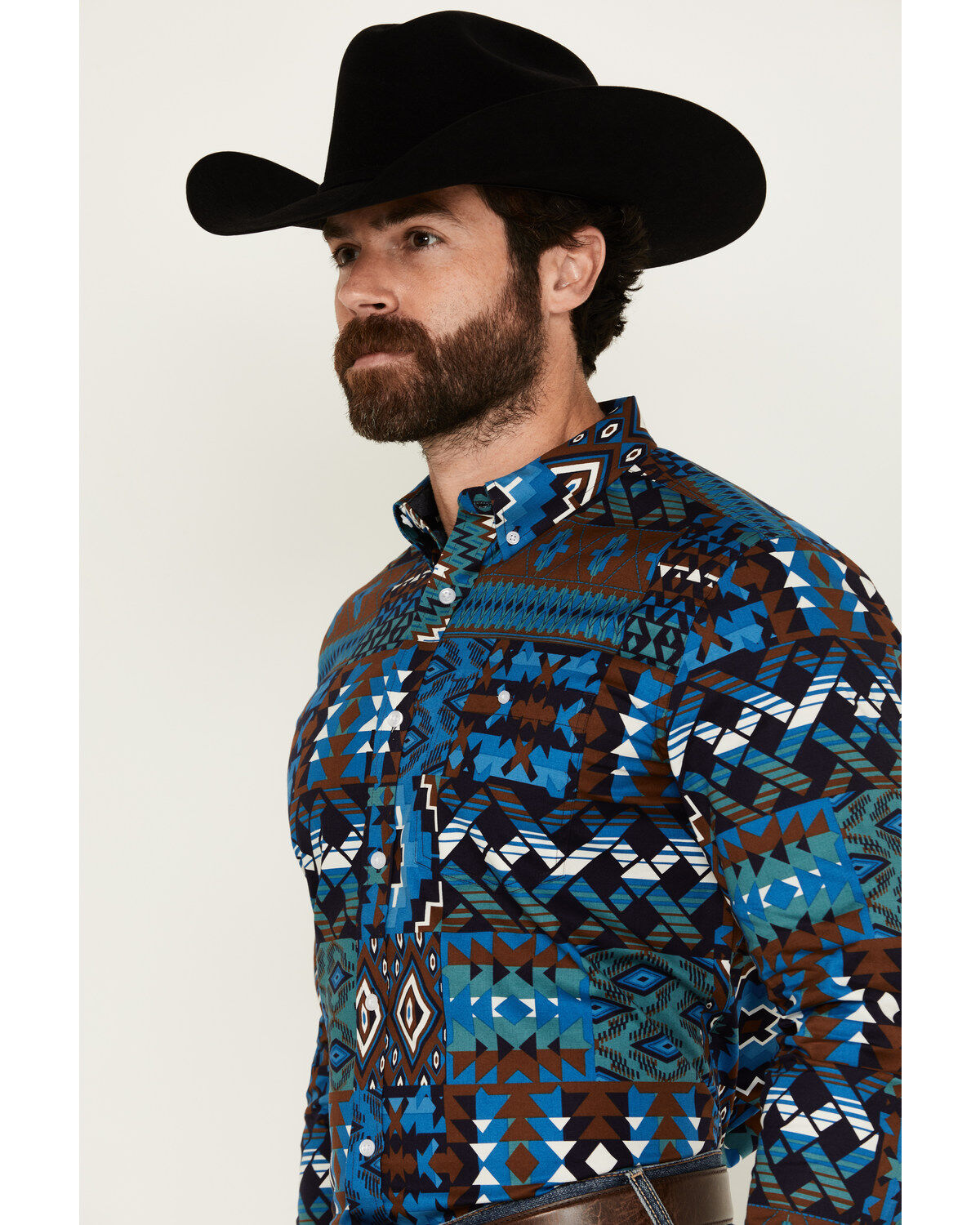 Image #2 - RANK 45&reg; Men's Zavallo Southwestern Patchwork Long Sleeve Button-Down Stretch Western Shirt, Teal, hi-res