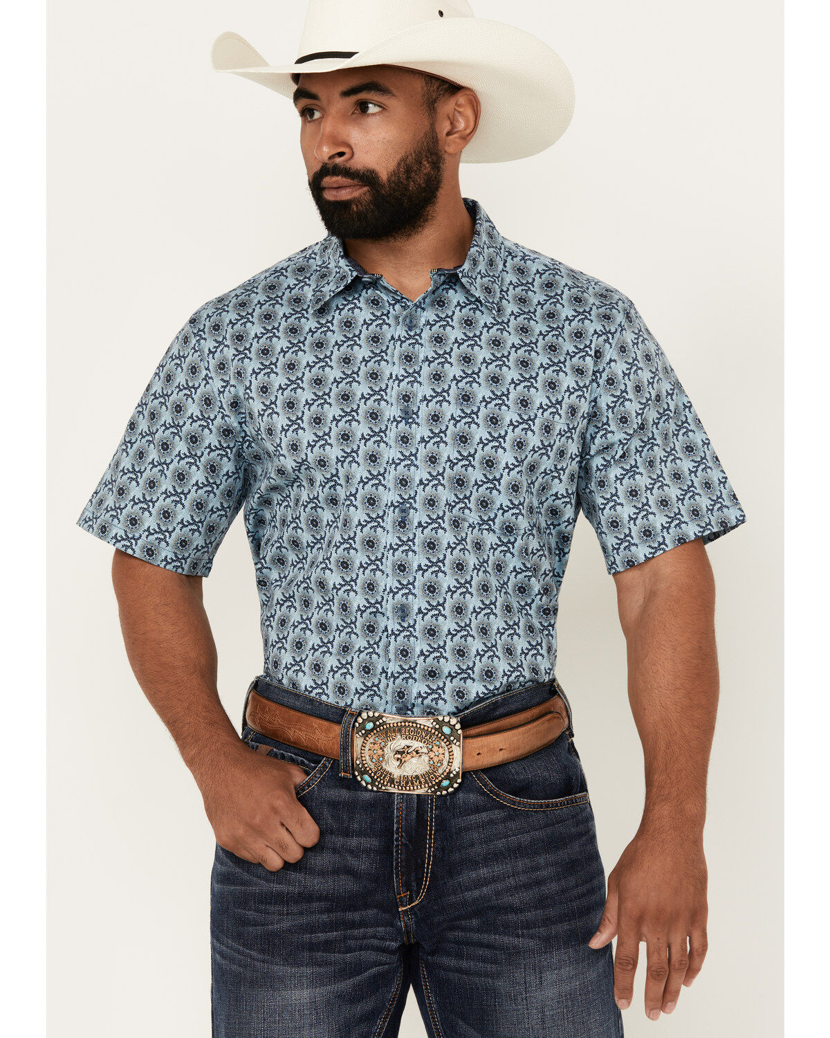 Image #1 - Cody James Men's Sunny Day Floral Medallion Print Short Sleeve Button-Down Stretch Western Shirt, Light Blue, hi-res