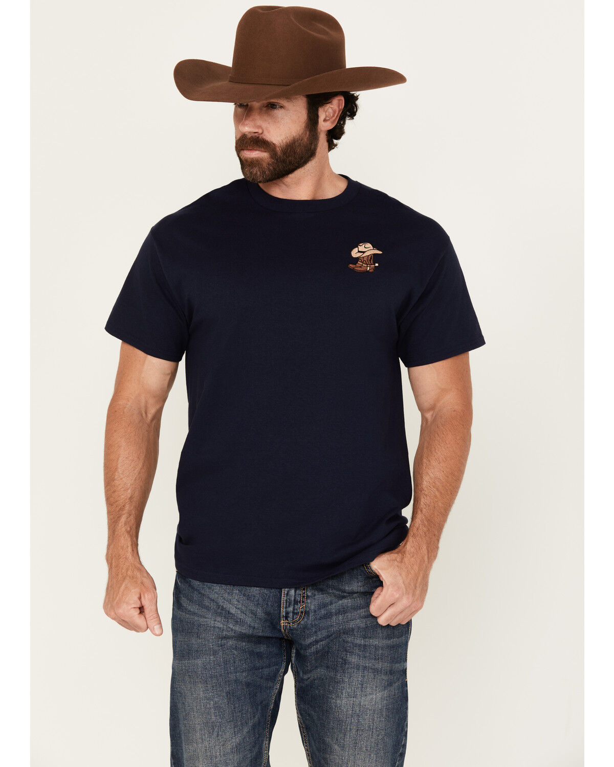Image #1 - Riot Society Men's Boot Barn Exclusive Boots and Hat Embroidered Short Sleeve T-Shirt, Navy, hi-res