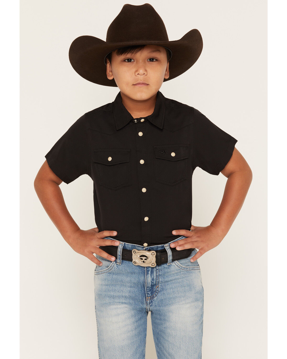 Image #1 - Burlebo Boys' Solid Short Sleeve Button-Down Stretch Performance Western Shirt, Black, hi-res