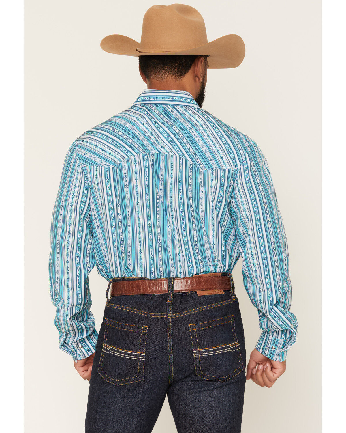 Image #4 - Panhandle Slim Men's Southwestern Striped Long Sleeve Pearl Snap Performance Stretch Western Shirt, Teal, hi-res
