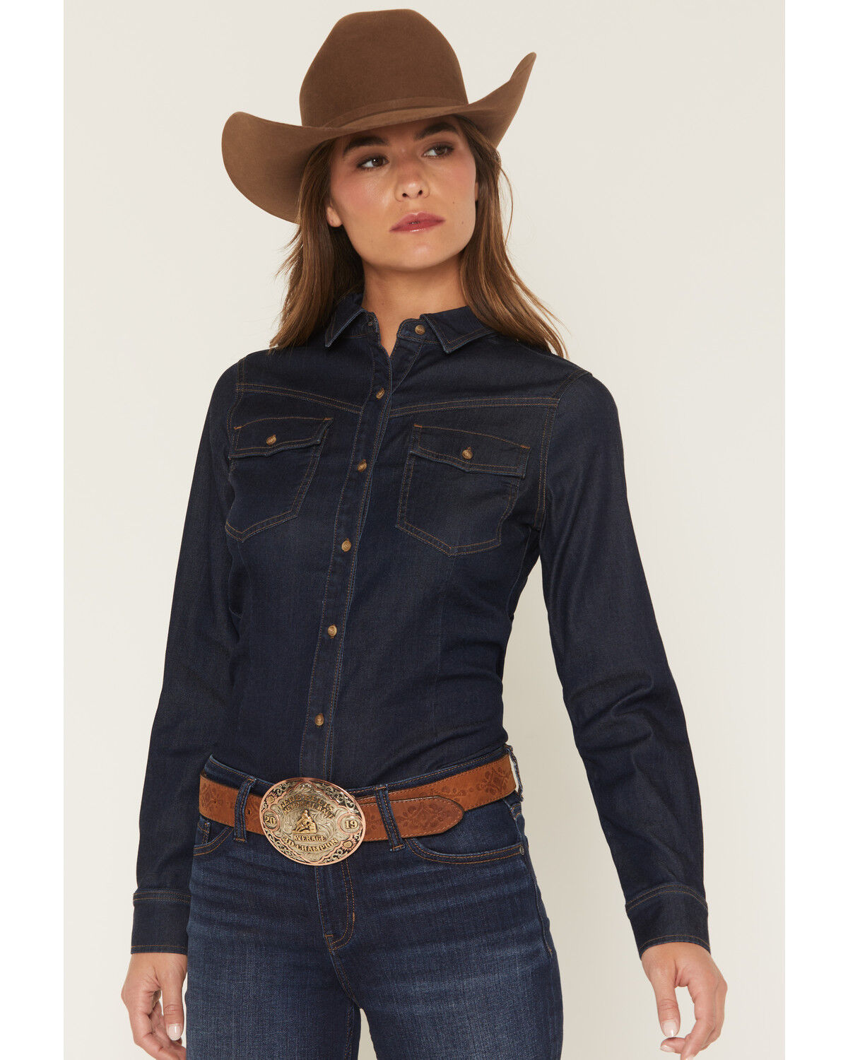 Image #3 - Shyanne Women's Bella Dark Wash Denim Long Sleeve Button-Down Stretch Western Shirt, Dark Wash, hi-res