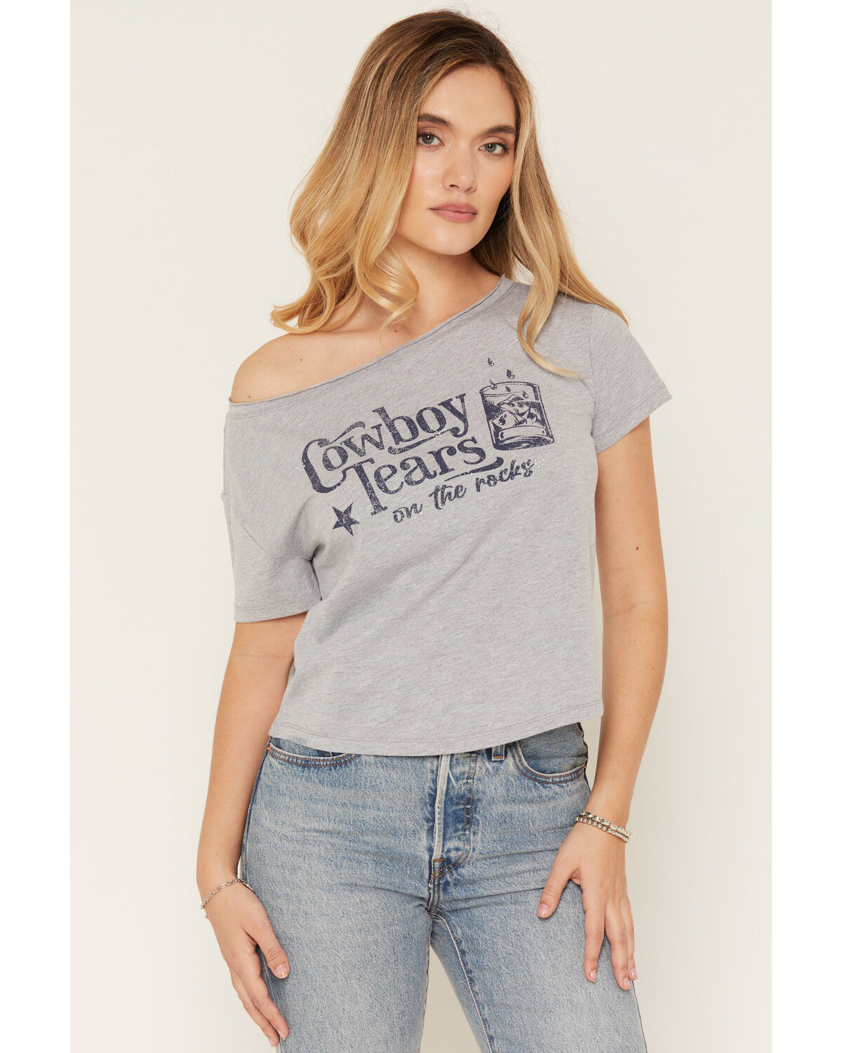 Youth in Revolt Women's Cowboy Tears Off The Shoulder Short Sleeve Graphic Tee, Grey, hi-res