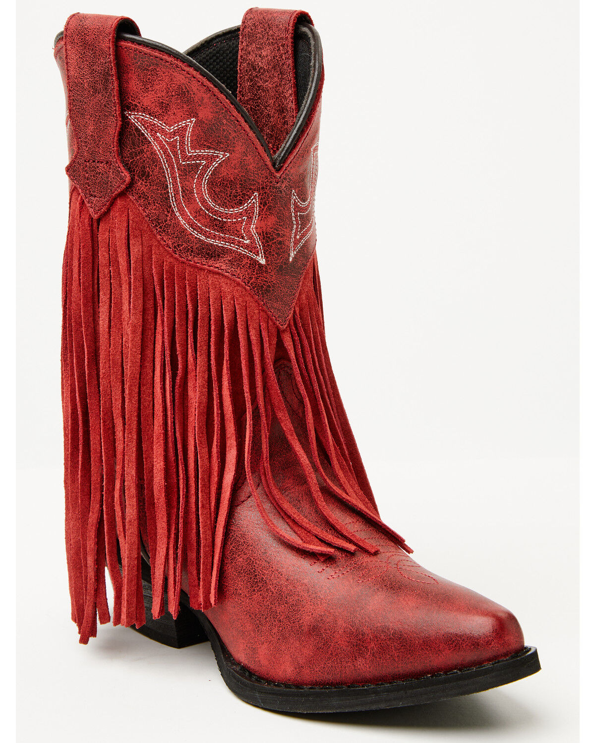 Image #1 - Dan Post Girls' Happy Trails Fringe Western Boots - Snip Toe, Red, hi-res