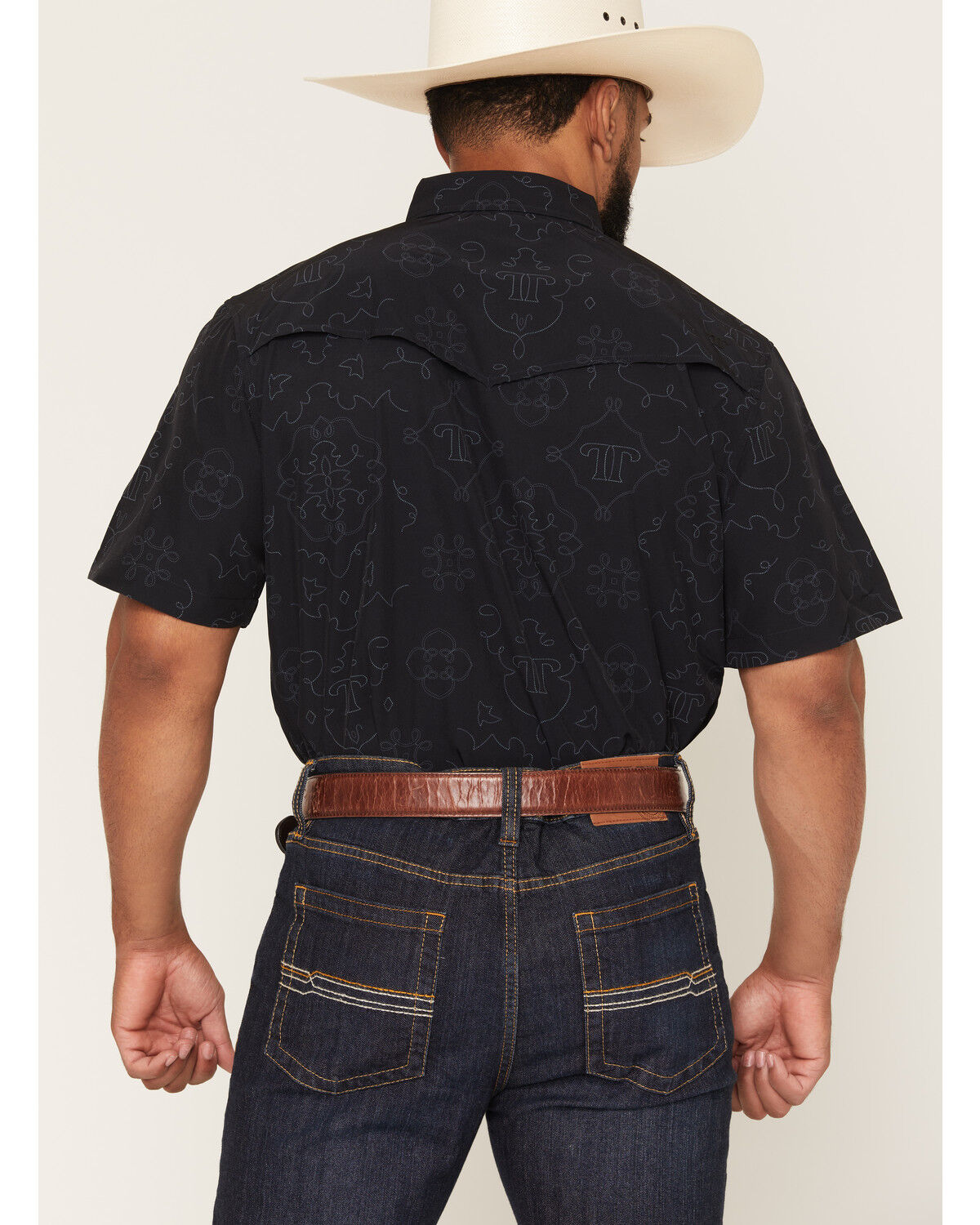 Image #4 - Ferrell Men's Tek Carson Boot Stitch Print Short Sleeve Pearl Snap Stretch Performance Western Shirt, Black, hi-res