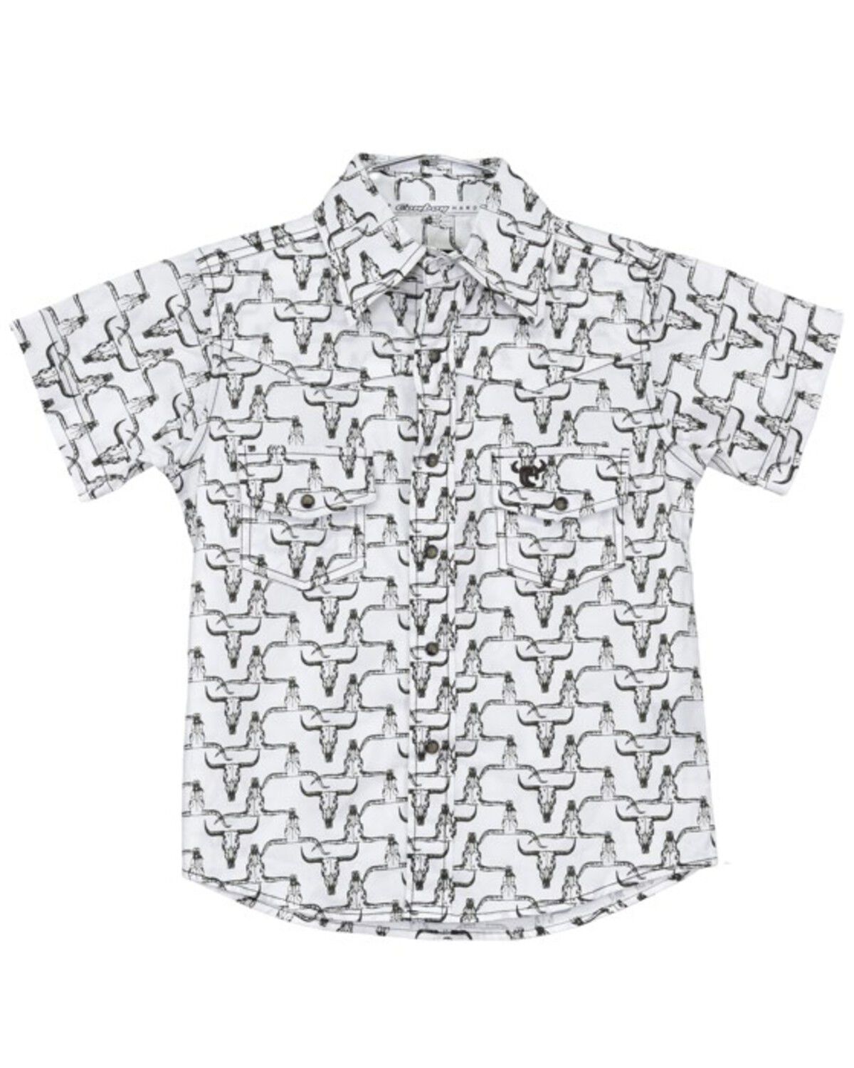 Cowboy Hardware Boys' Hombre Skull Print Short Sleeve Snap Stretch Western Shirt, White, hi-res