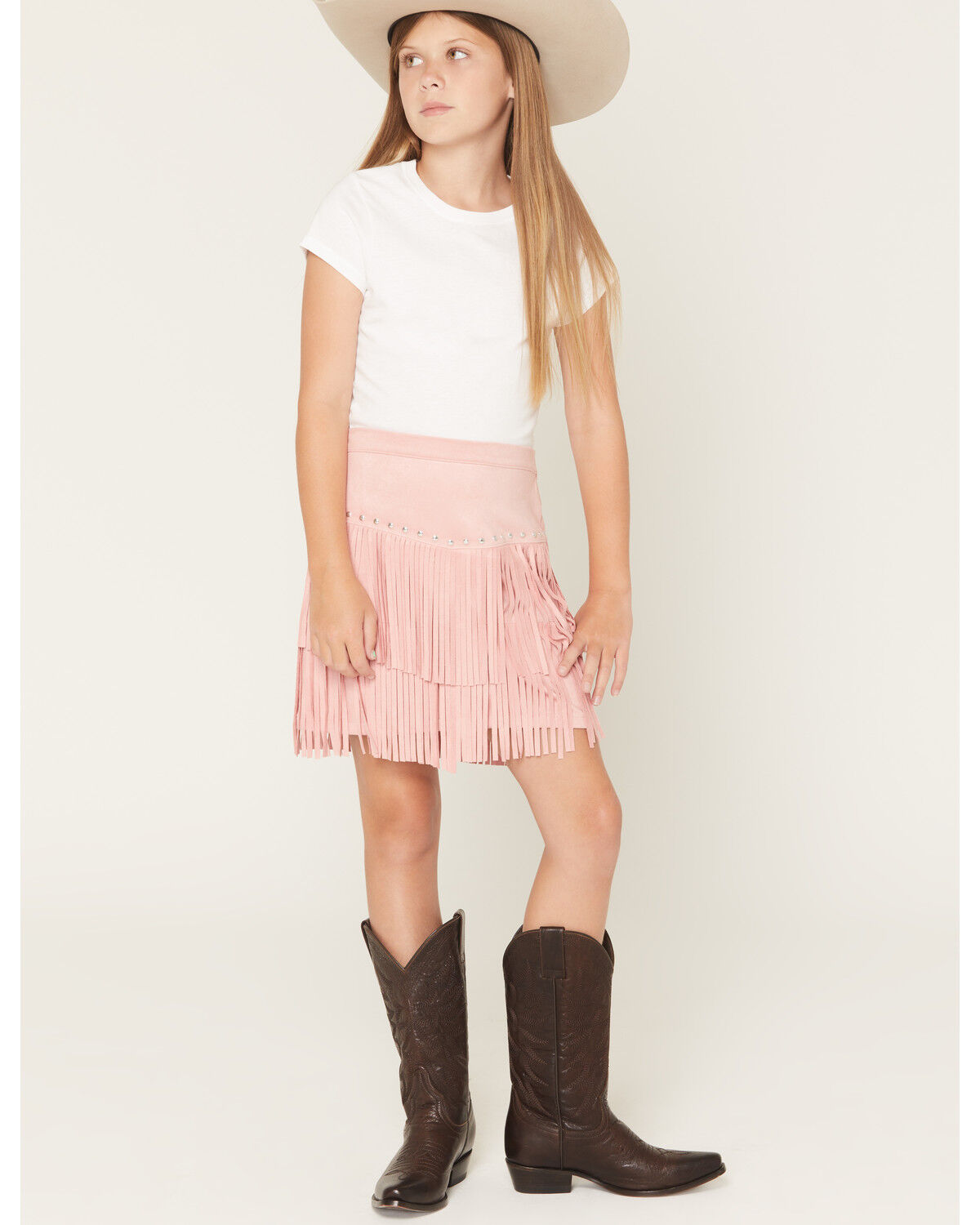 Shyanne Girls' Faux Suede Studded Fringe Mini Skirt, Pink, hi-res