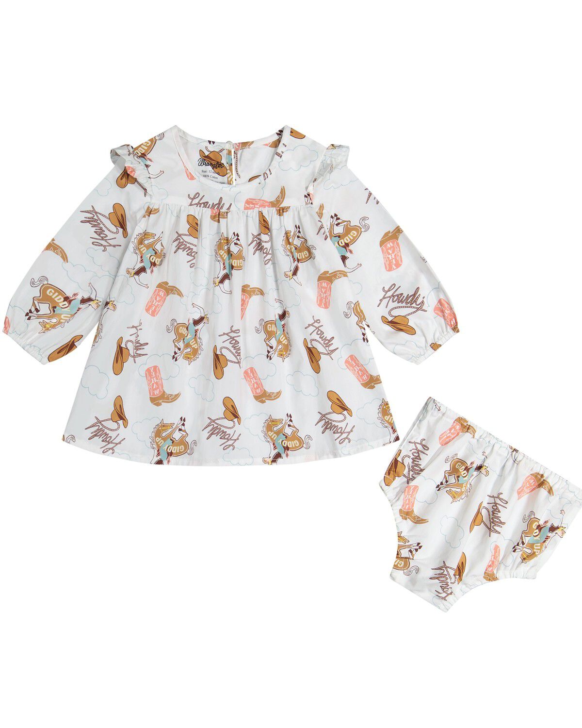 Image #1 - Wrangler Infant Girls' Western Conversation Print Long Sleeve Dress And Diaper Over - 2 Piece, White, hi-res