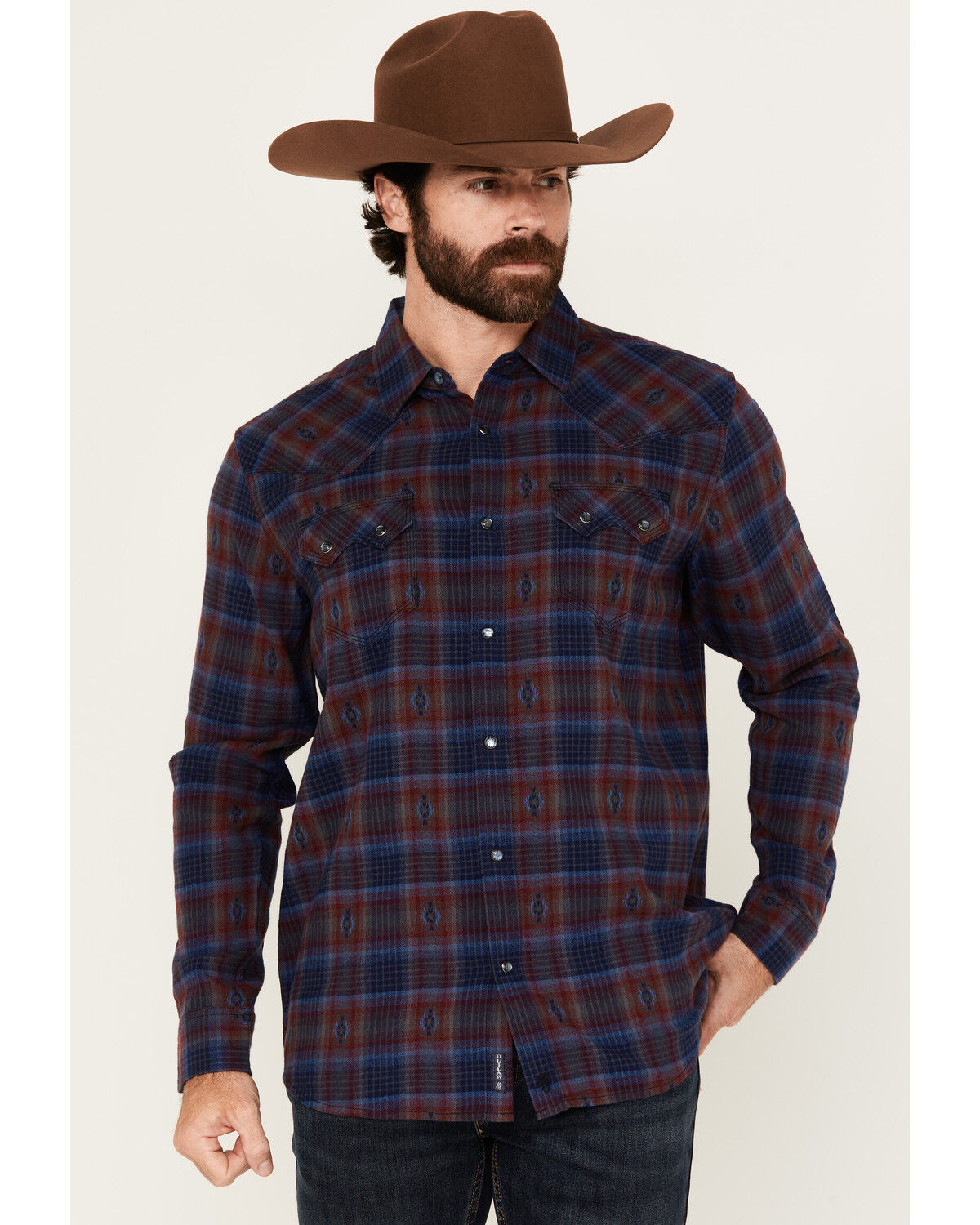Image #1 - Moonshine Spirit&reg; Men's Fireland Dobby Plaid Print Long Sleeve Snap Western Shirt, Burgundy, hi-res