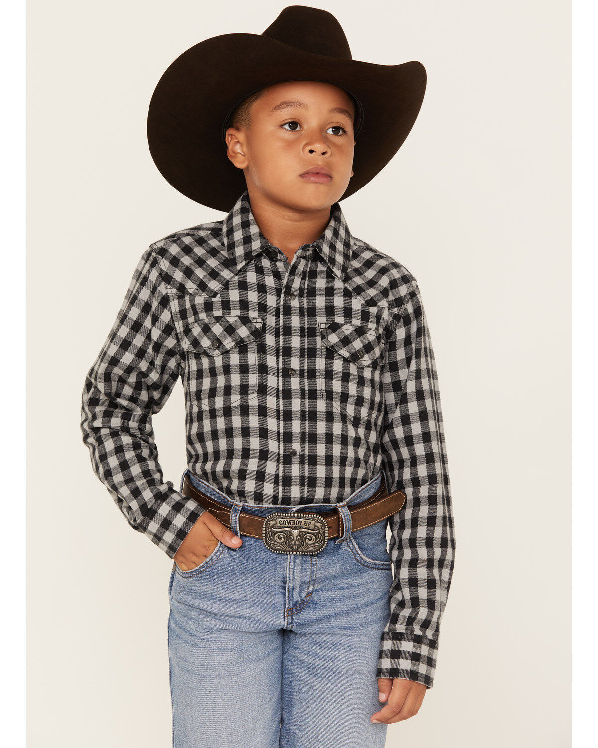 Cody James Boys' Gingham Print Long Sleeve Snap Western Flannel Shirt, Blue, hi-res