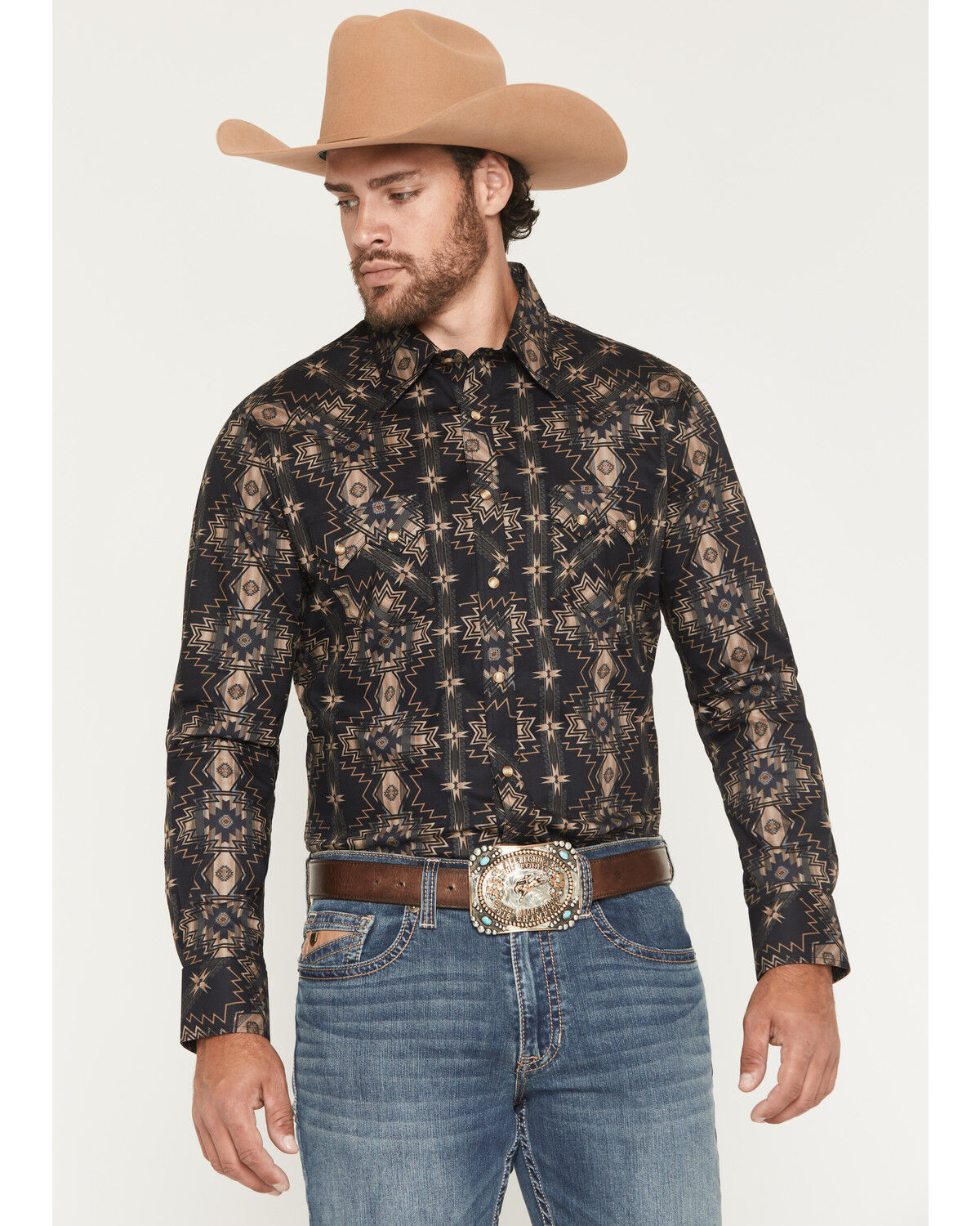 Rock & Roll Denim Men's Southwestern Print Long Sleeve Snap Stretch Western Shirt, Black, hi-res