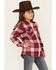 Image #2 - Shyanne Girls' Port Plaid Print Long Sleeve Zip Flannel Shacket, Burgundy, hi-res