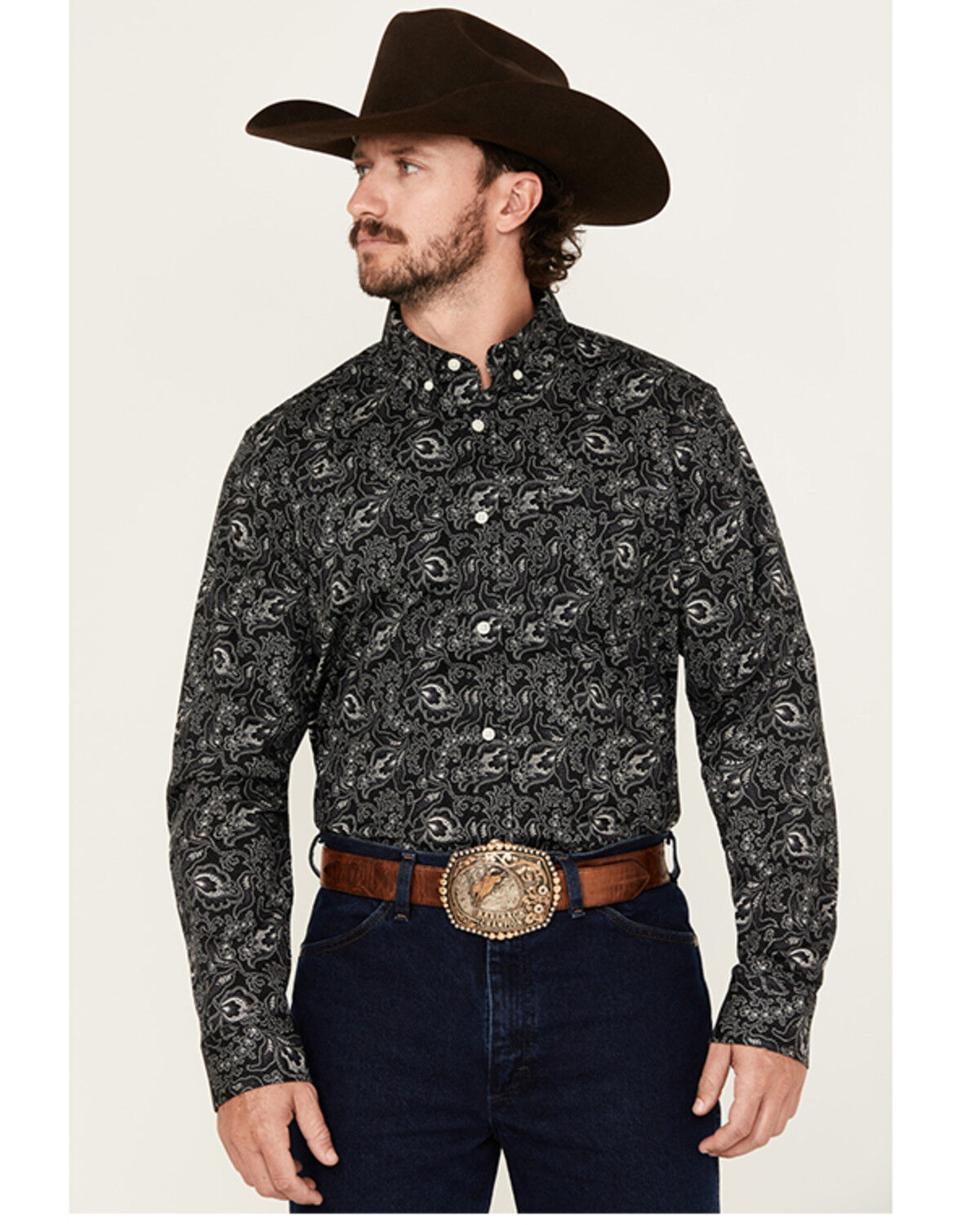 Image #1 - Cody James Men's Parker Paisley Print Long Sleeve Button-Down Stretch Western Shirt - Tall, Black, hi-res