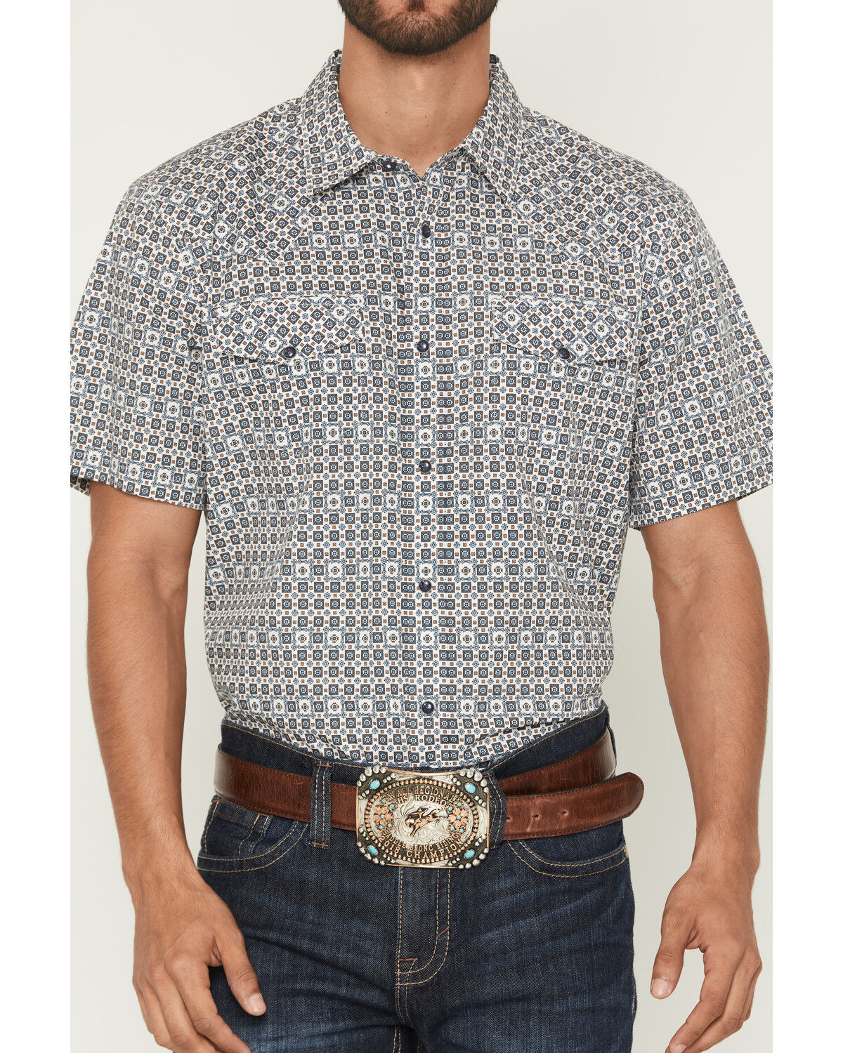 Image #3 - Gibson Trading Co Men's haven Geo Print Short Sleeve Snap Western Shirt, Light Blue, hi-res