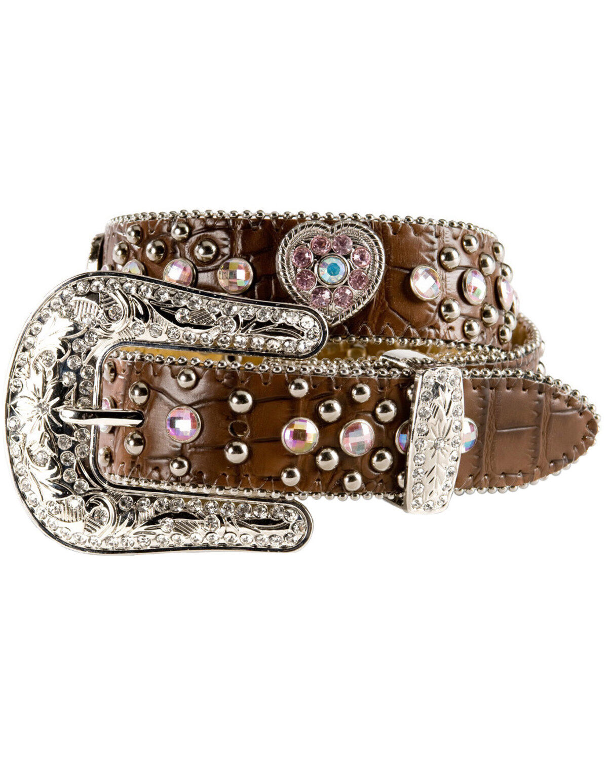 Image #1 - Nocona Girls' Croc Print Heart Belt, Brown, hi-res