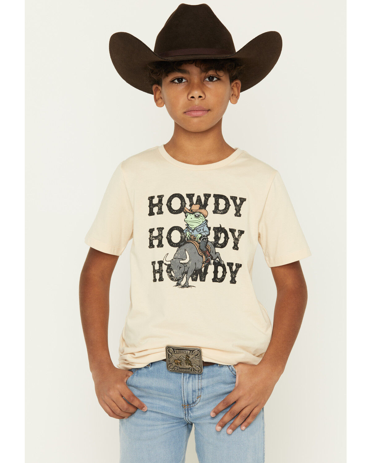 Image #1 - Sable Sky Boys' Howdy Frog Short Sleeve Graphic T-Shirt, Sand, hi-res