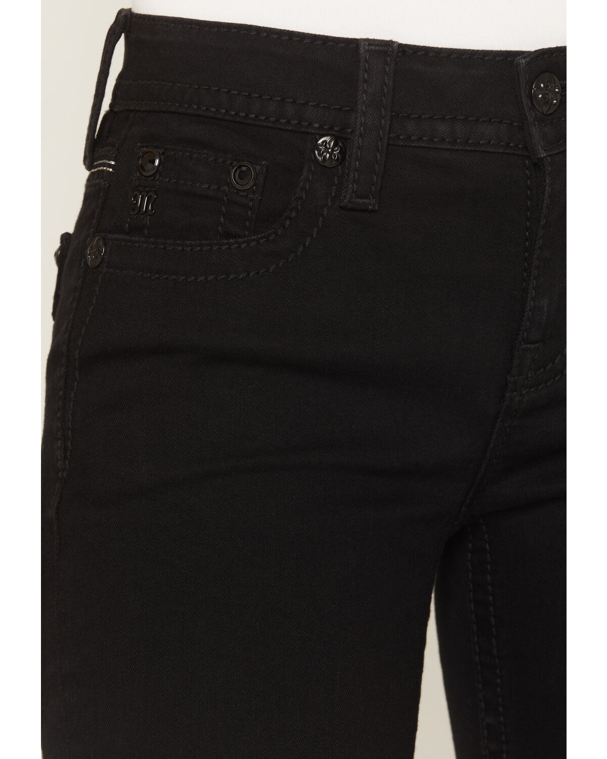 Image #2 - Miss Me Women's Mid Rise Embroidered Pocket 32" Bootcut Stretch Denim Jeans, Black, hi-res