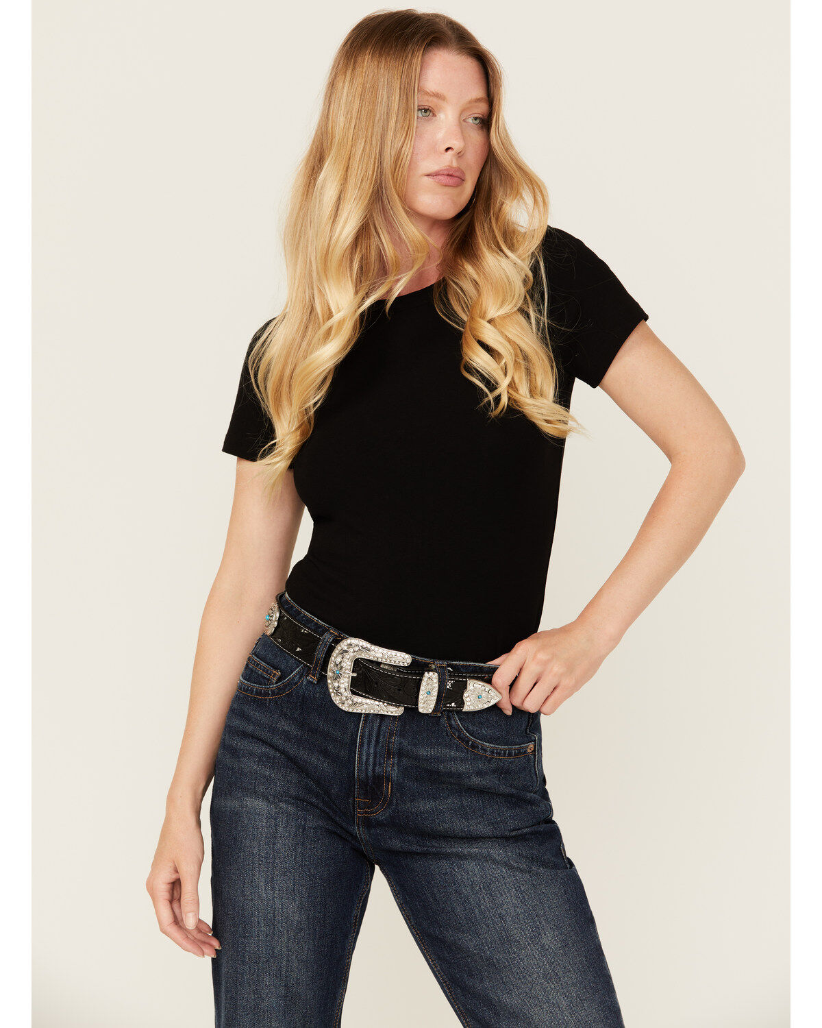 Shyanne Women's Underlay Concho Studded Tooled Belt, Black, hi-res