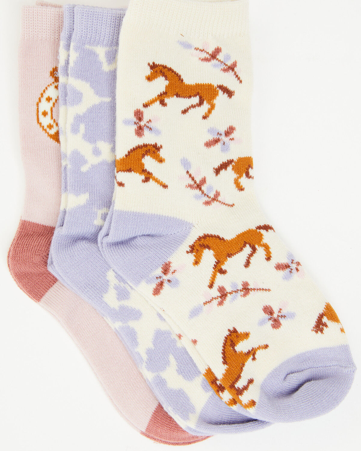 Boot Barn Girls' Horse Icon Crew Socks - 3 Pack, Lavender, hi-res