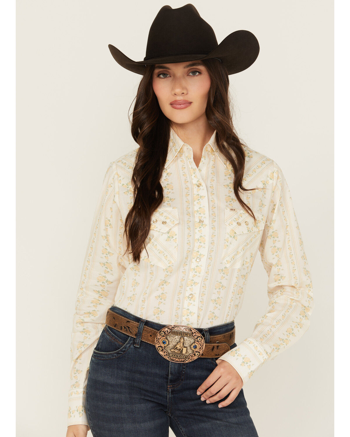 Cowboygirl by Jenna Paulette Women's Wallpaper Print Long Sleeve Pearl Snap Western Shirt, Yellow, hi-res