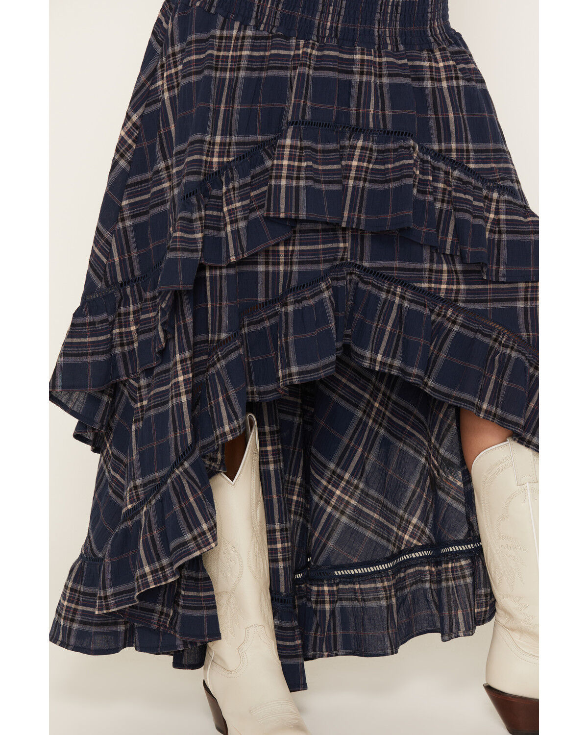 Image #2 - Cleo + Wolf Women's Plaid Print High Low Ruffle Midi Skirt, Navy, hi-res
