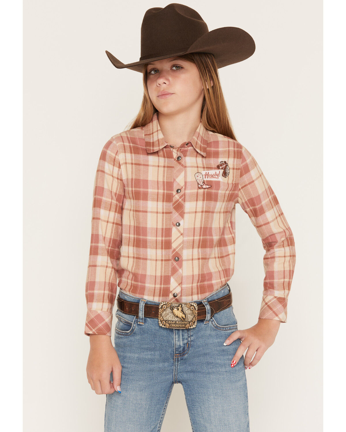 Image #1 - Shyanne Girls' Blair Plaid Print Embroidered Long Sleeve Snap Flannel Shirt, Rose, hi-res