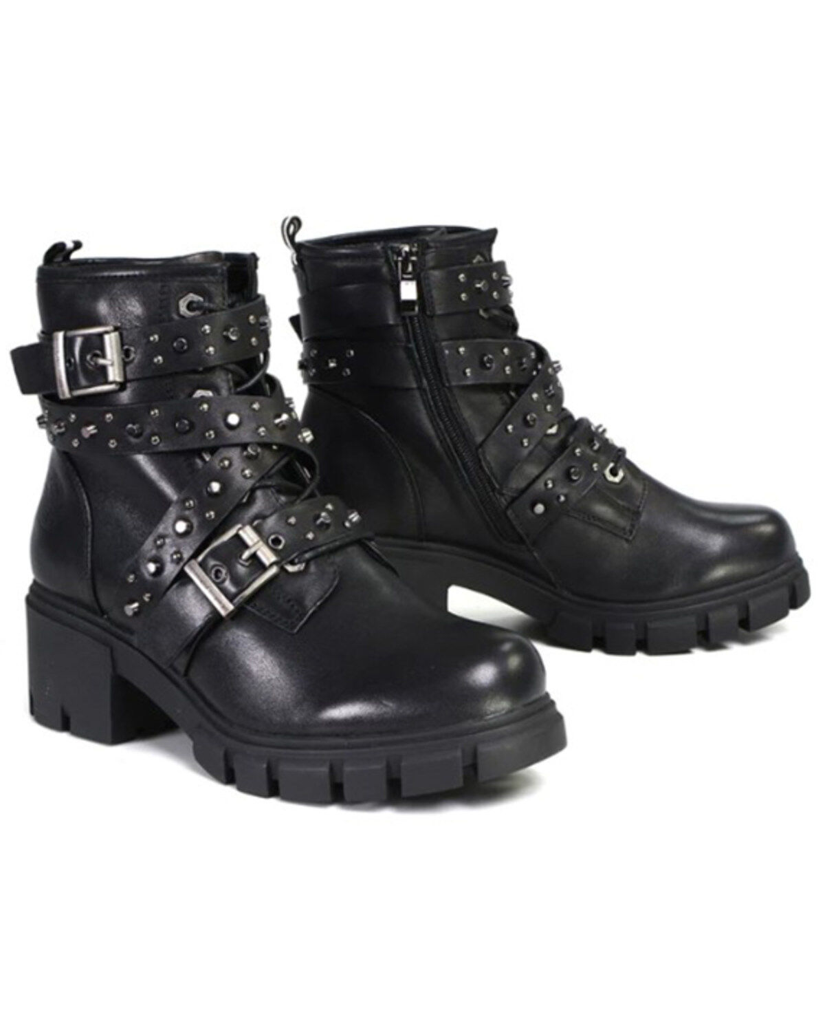 Milwaukee Leather Women's Bruiser Leather Lace-to-Toe Studded Motorcycle Boots - Round Toe, Black, hi-res
