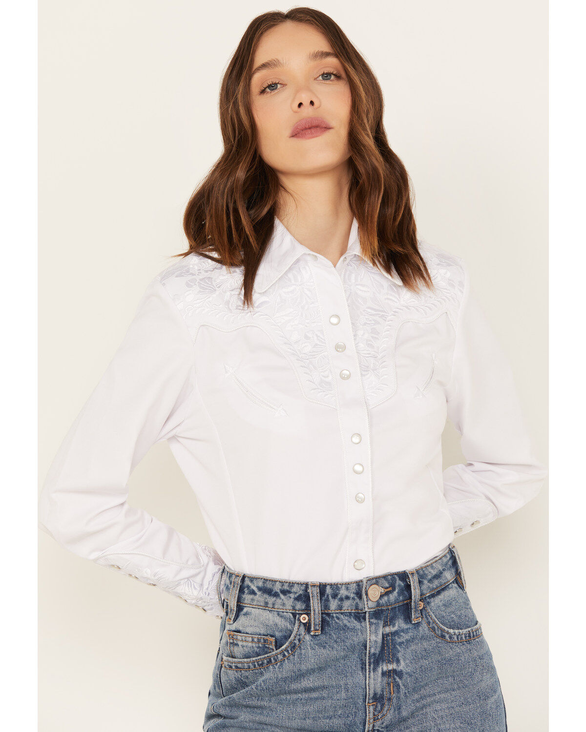 Image #1 - Scully Women's Floral Embroidered Long Sleeve Western Shirt, White, hi-res