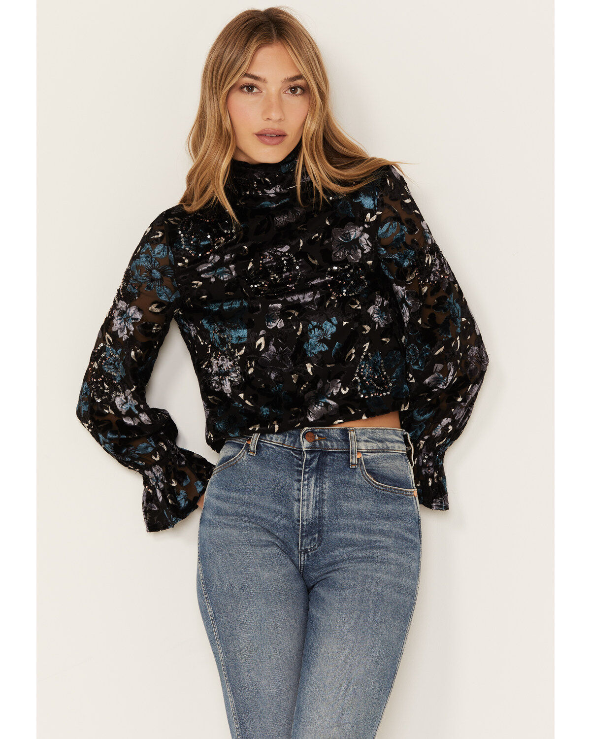 Image #1 - Shyanne Women's Burnout Floral Velvet Blouse, Black, hi-res