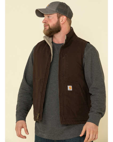 Carhartt Men's Dark Brown Washed Duck Sherpa Lined Mock Neck Loose Fit Work Vest , Dark Brown, hi-res