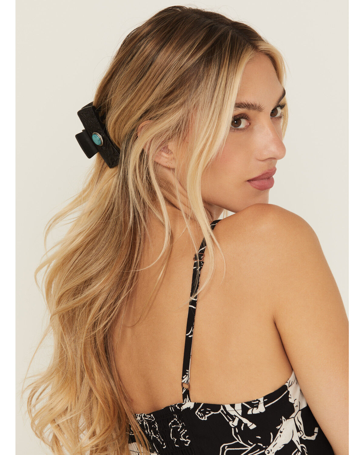 Shyanne Women's Tooled Floral Leather Hair Clip, Black, hi-res