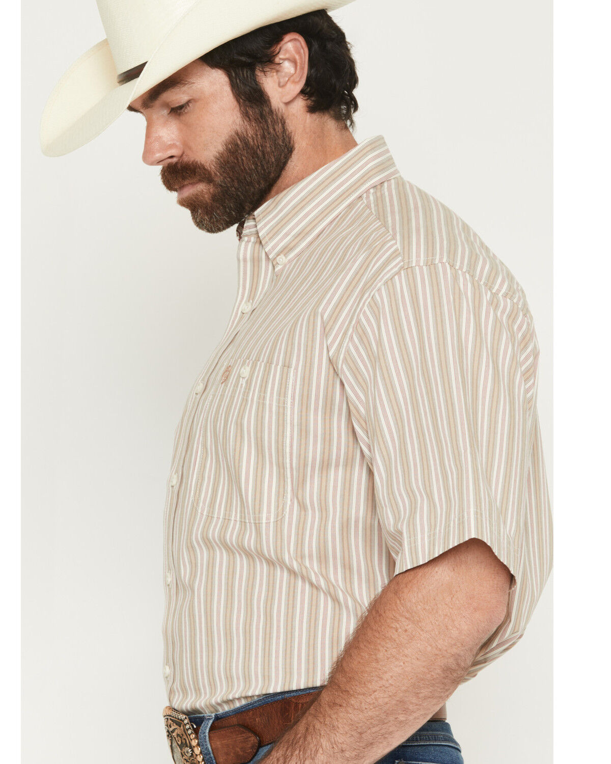 Image #2 - George Strait by Wrangler Men's Striped Short Sleeve Button-Down Stretch Western Shirt - Big, Tan, hi-res