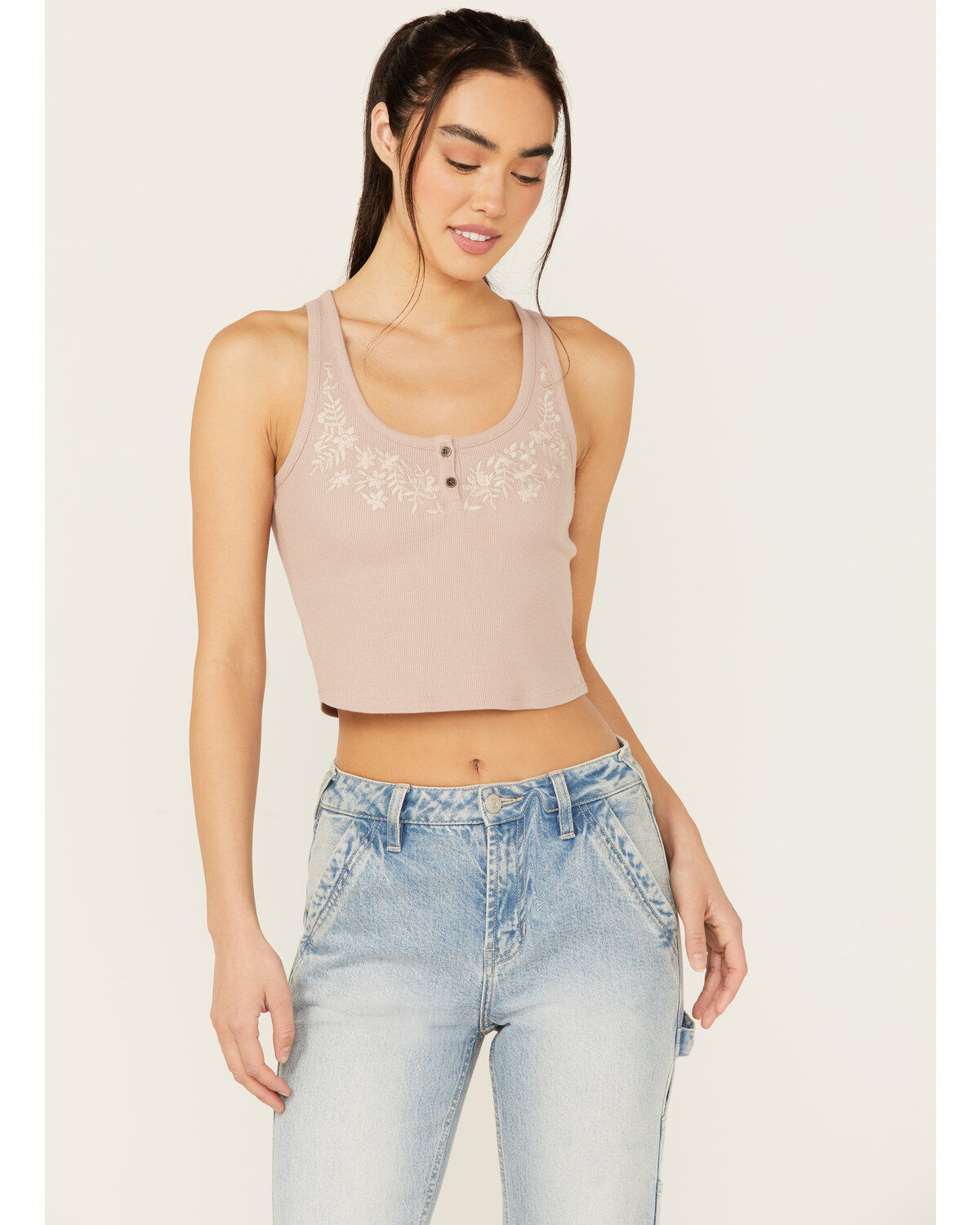 Cleo + Wolf Women's Aurora Embroidered Henley Rib Knit Tank, Bark, hi-res
