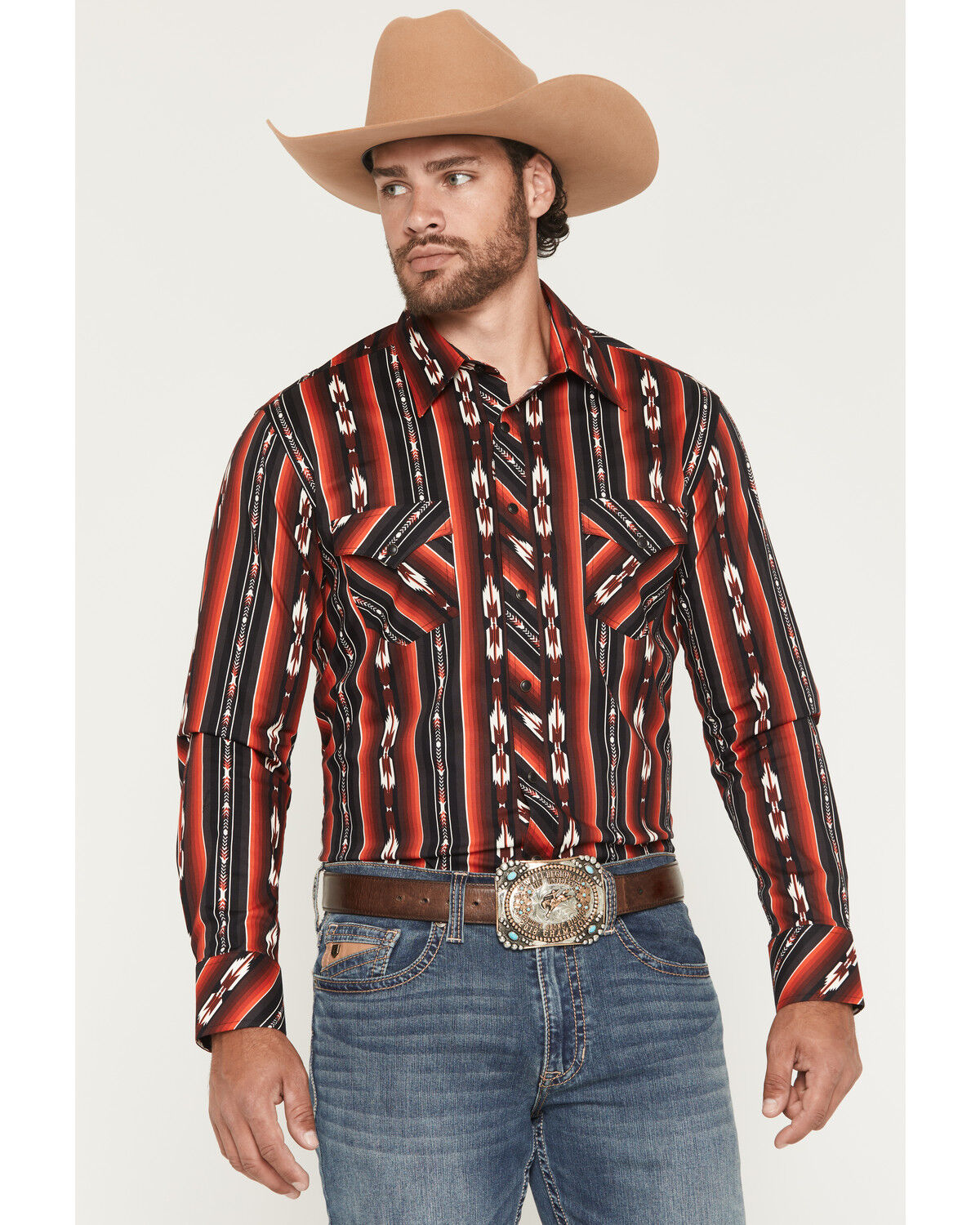 Rock & Roll Denim Men's Southwestern Stripe Long Sleeve Snap Stretch Western Shirt, Burgundy, hi-res