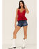 Image #1 - Shyanne Women's States Americana Embroidered High Rise 1/2 Shorts, Dark Medium Wash, hi-res