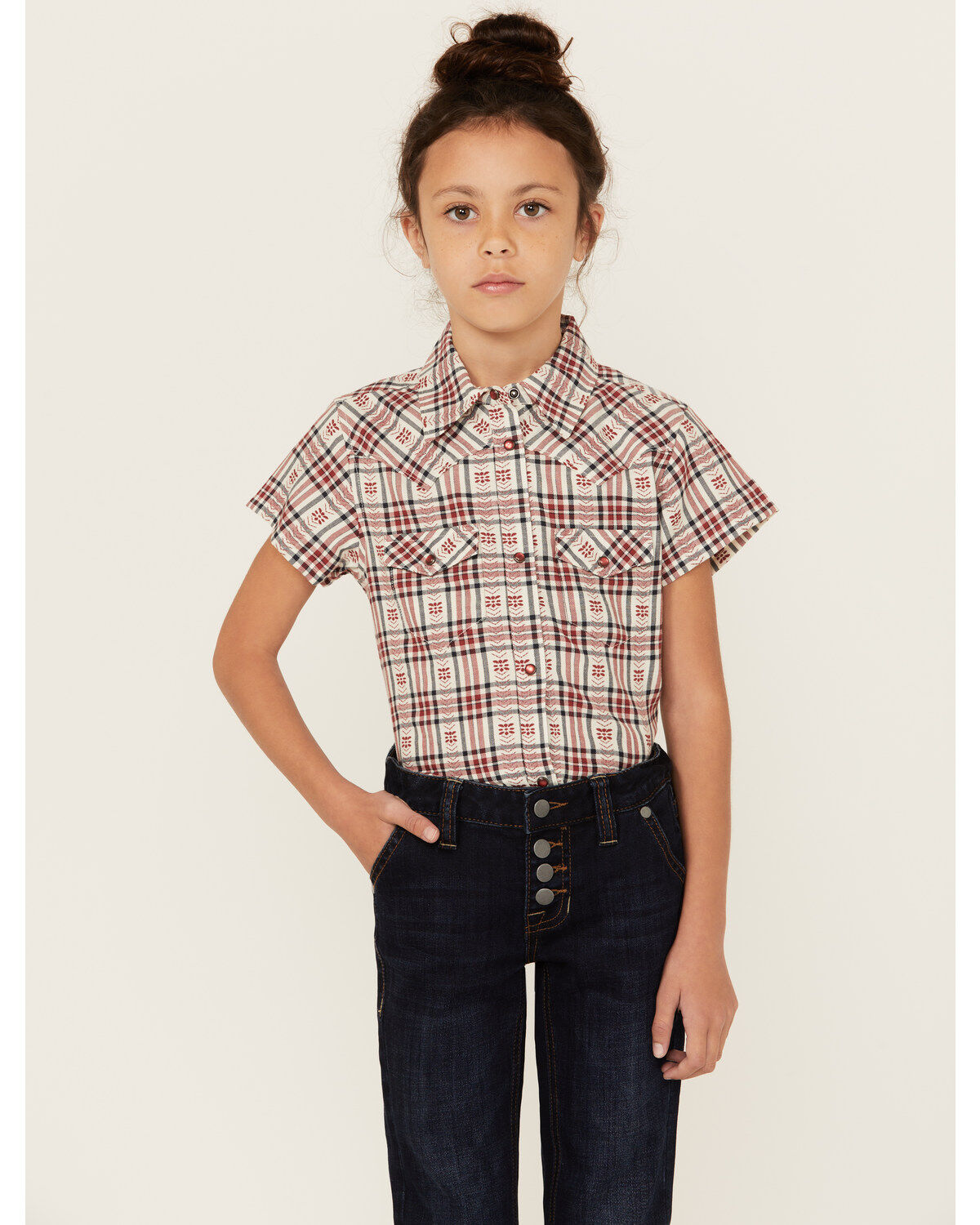 Image #1 - Shyanne Girls' Dobby Teton Plaid Print Short Sleeve Pearl Snap Western Shirt, Brick Red, hi-res