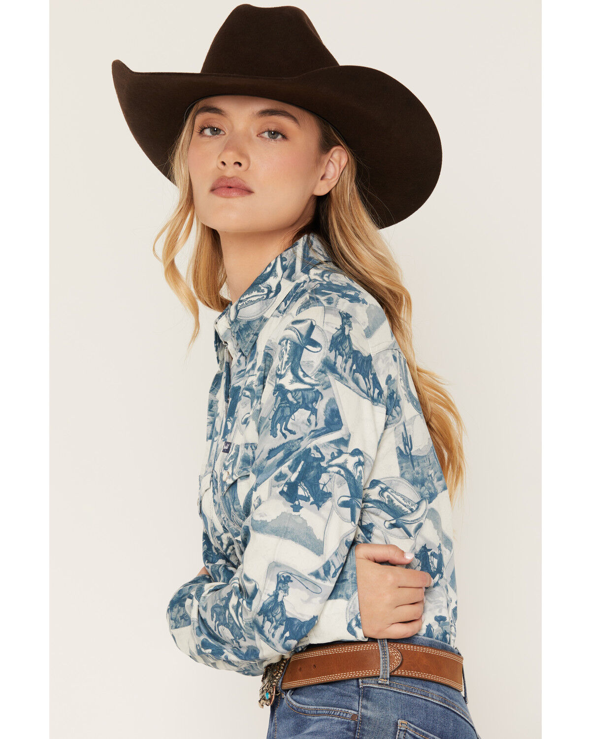 Image #2 - Wrangler Retro Women's Western Conversational Print Long Sleeve Snap Western Shirt, Blue, hi-res
