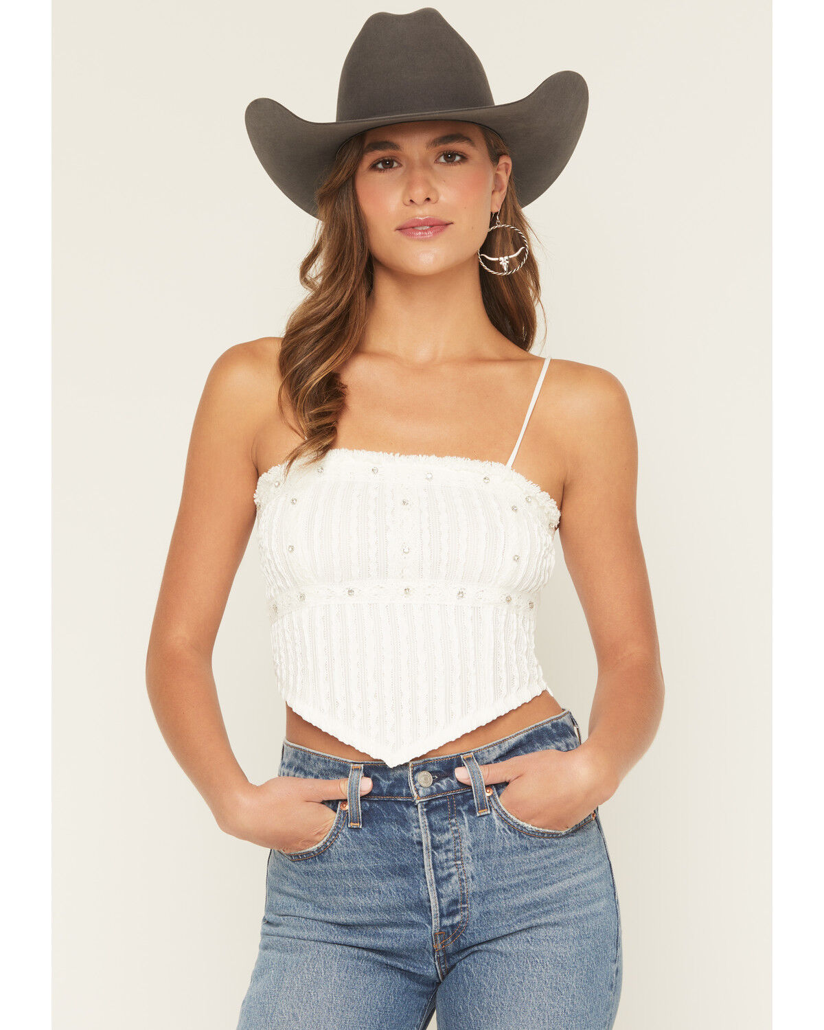 Miss Me Women's Studded Cropped Tank Top, White, hi-res