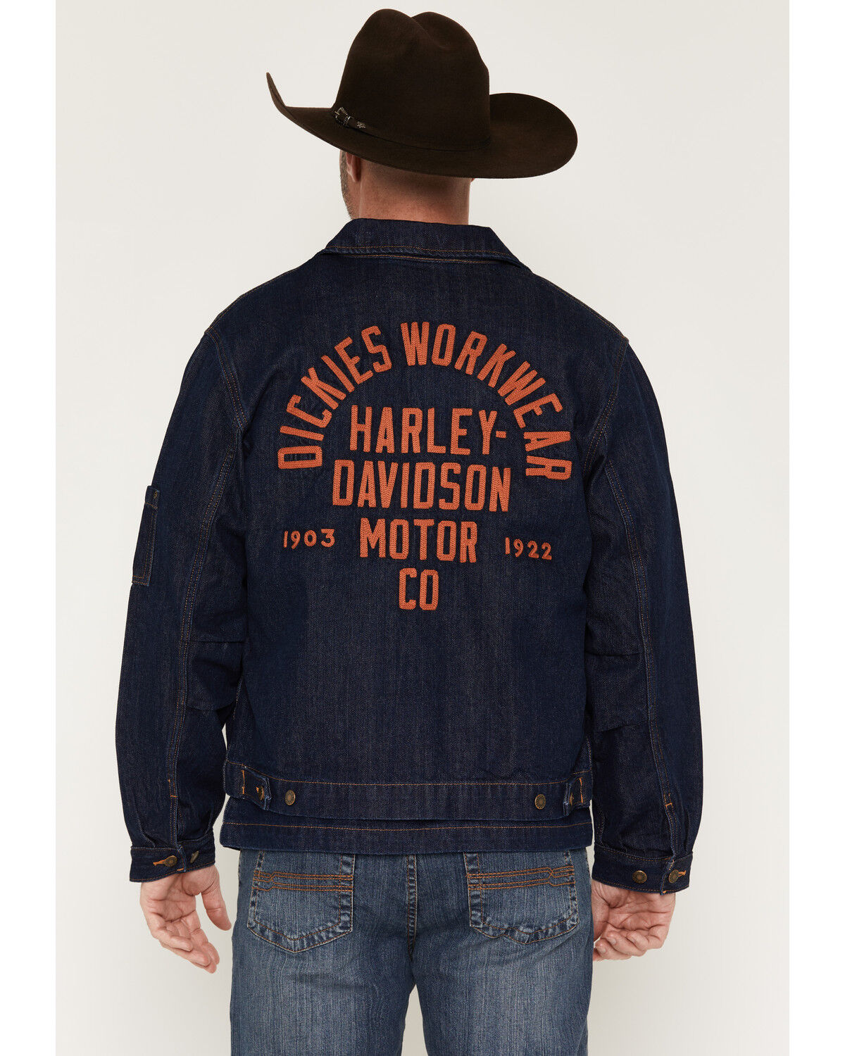 Dickies X Harley Davidson Men's Dark Wash Embroidered Zip-Up Denim Jacket, Dark Wash, hi-res
