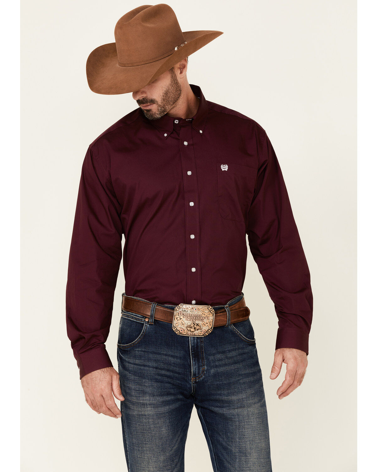 Image #1 - C&zwnj;inch Men's Solid Burgundy Button Long Sleeve Western Shirt, Burgundy, hi-res
