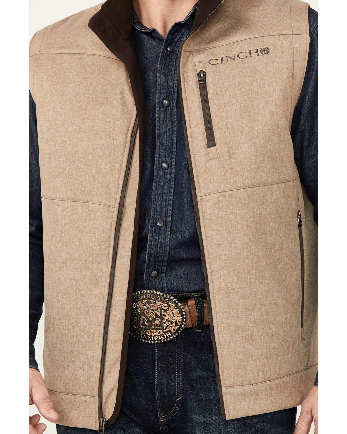 Image #3 - Cinch Men's Textured Logo Concealed Carry Zip Bonded Vest, Stone, hi-res