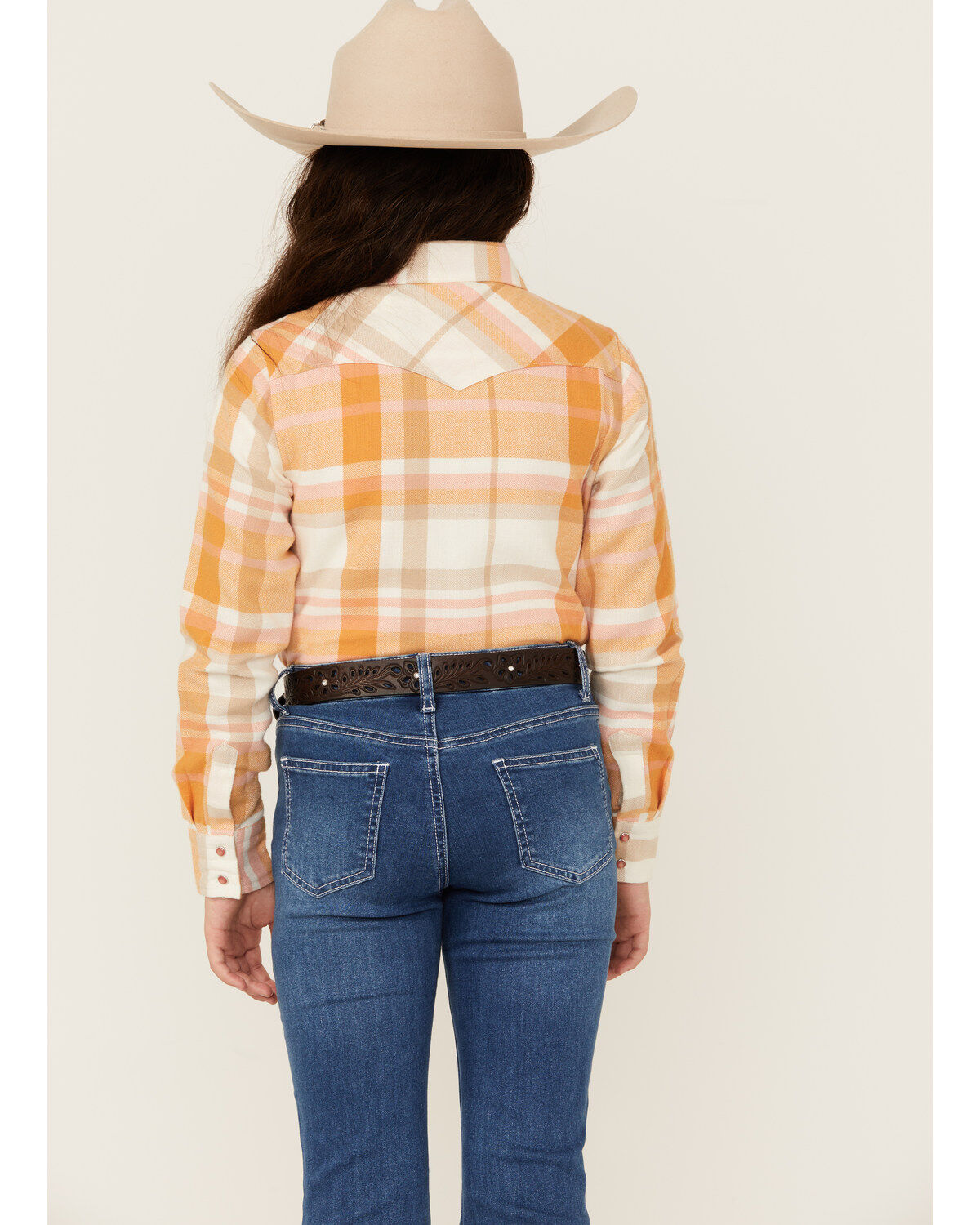 Image #4 - Shyanne Girls' Oak Plaid Print Long Sleeve Pearl Snap Flannel Shirt, Gold, hi-res
