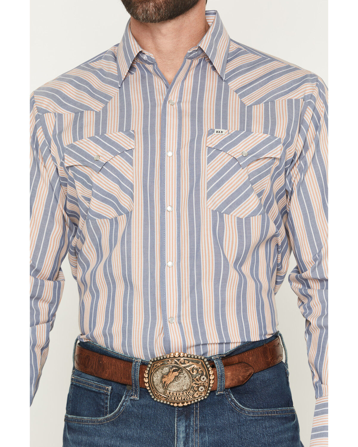 Image #3 - Ely Walker Men's Striped Long Sleeve Pearl Snap Western Shirt, Navy, hi-res