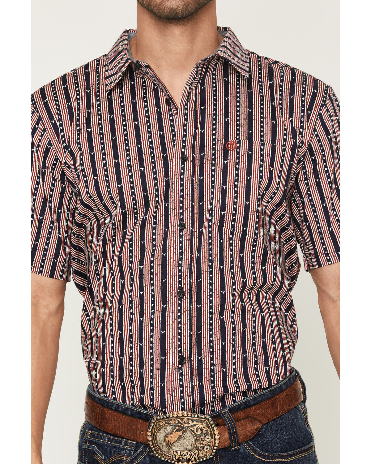 Image #3 - Cody James Men's Stripe Steerhead Short Sleeve Button-Down Stretch Western Shirt, Navy, hi-res